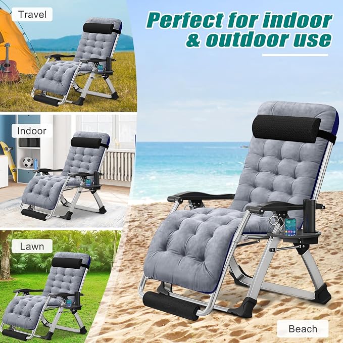 DoCred Oversized Zero Gravity Chair, 29In XL Lawn Folding Lounge Chairs, Lawn Recliner, Reclining Patio Lounger Chair, Folding Portable Chaise with Detachable Soft Cushion, Cup Holder, Headrest