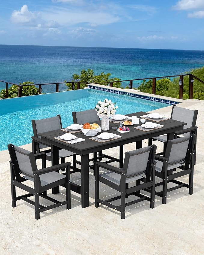 SERWALL Patio Dining Sets for 6, Outdoor HDPE Dining Set with Umbrella Hole Cut-Out Table and 6 Woven Chairs, Black