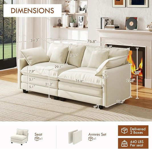 WorthFurni 77 Inch Cloud Sofa Loveseat, Comfy Sectional Couch, 2-Seater Chenille Deep Seat Sofa with Throw Pillows for Living Room Bedroom Apartment (Beige)