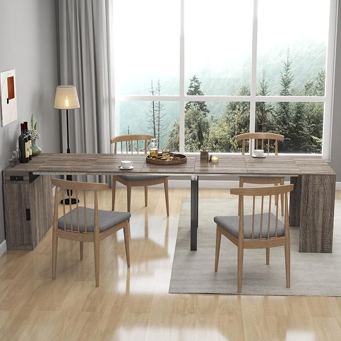 Extendable Dining Table with Built-in Power Outlet, 118” Expandable Dining Table for 11, Storage Cabinet Console Table, Modern Dining Room Furniture Gray