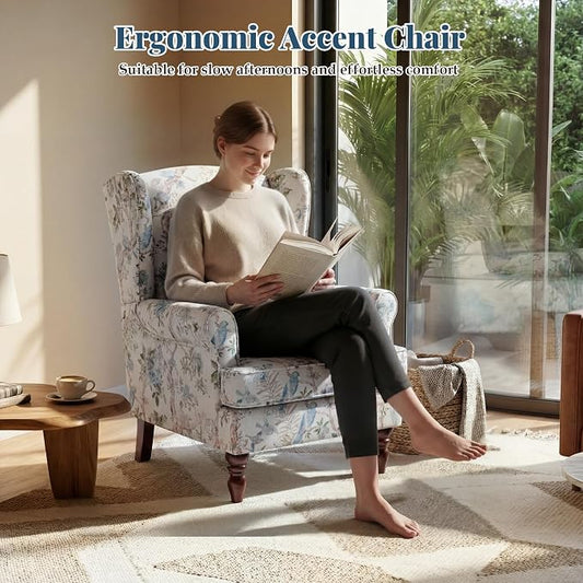 EROMMY Floral Accent Chair, Comfortable High Back Upholstered Armchair with Solid Wood Legs, Leisure Single Sofa Chair for Living Room, Bedroom, Home Office, Light Blue Floral&Bird