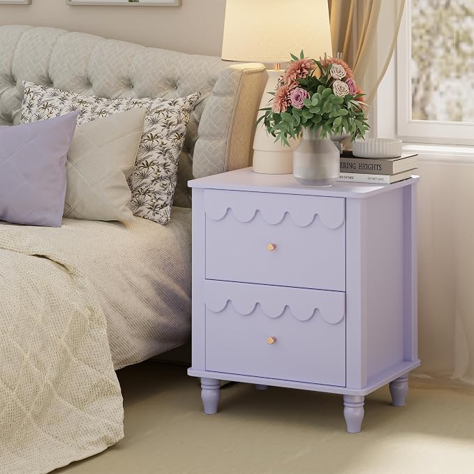 Anbuy Purple End Table Set of 2 with Petal Pattern, Modern Night Stand Set 2 with 3 Drawers for Bedroom, Side End Table Scalloped Bedside Night Tables with Solid Wood Legs