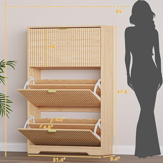 BORNOON Entryway Shoe Cabinet with 3 Flip Drawers, Narrow Shoe Organizer Cabinet with Fluted Panel and Adjustable Shelves for Foyer, Hallway