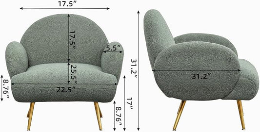 Accent Chair Green with Golden Metal Legs,Reading Chair for Bedroom Comfy, Boucle Sherpa Chair for Living Room, Bedroom