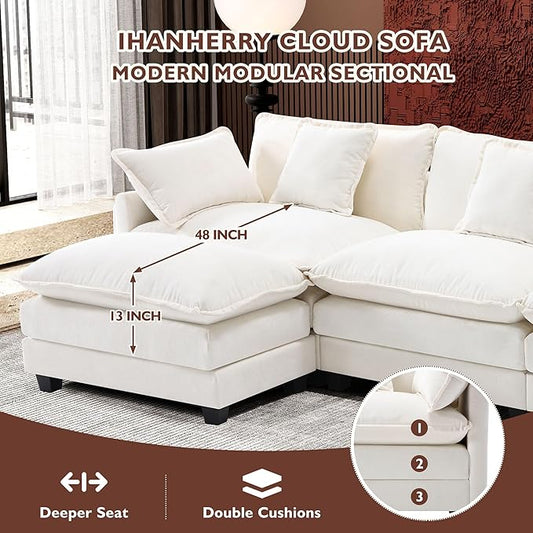 Ihanherry 111.4" L Shaped Modern Sofa Modular Sectional Cloud Couch with Ottoman, 4-Seat Chenille Deep Seat Sofa with Pillow for Living Room, Bedroom and Apartment, Beige
