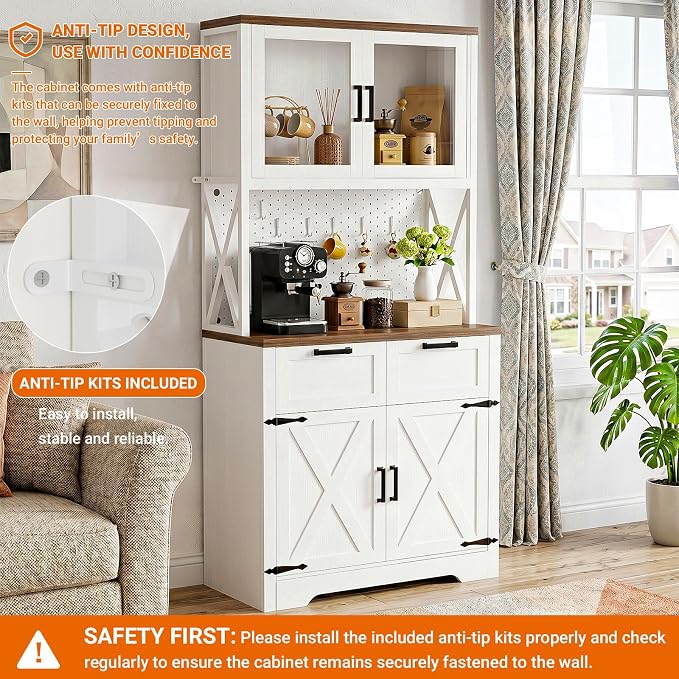 Unikito 71" Pantry Cabinet with LED Light & Outlet, Tall Kitchen Pantry Storage Cabinet with Microwave Stand, DIY Pegboard, Drawers and Adjustable Shelf, Farmhouse Kitchen Hutch for Dining Room