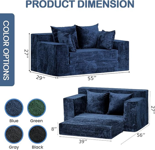 Boneless Loveseat Sofa Bed, 3-in-1 Convertible Sofa Bed Sleeper Sofa Floor Futon Couch for Living Room, Velvet-Blue