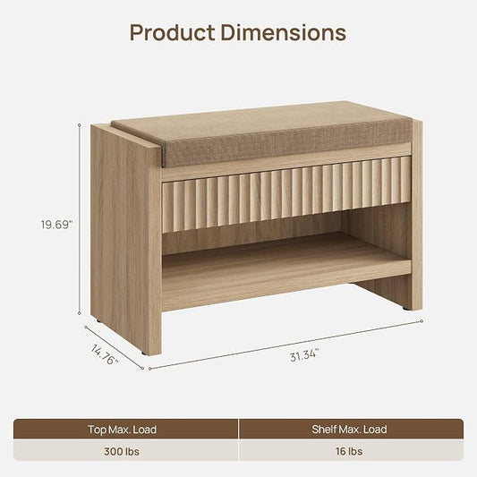 SICOTAS 31.3”W Fluted Entryway Shoe Bench with Cushion & Drawer, Light Oak | Modern Fluted Design, 300 lb Capacity, 19.69"H Ergonomic Seat, Spacious Drawer, Open Shoe Storage, Multi-Room Use