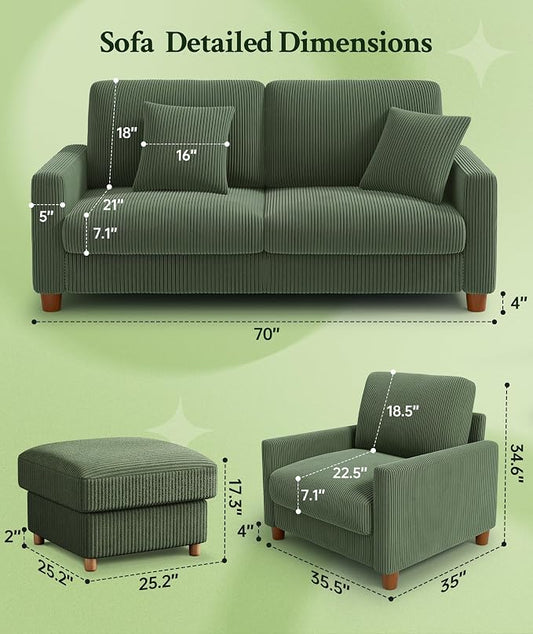 Welzona 70.2" Couches for Living Room, Comfy Sofa Set Tool-Free Setup, Corduroy Couch Set 7.1" Thicker Cushion, Accent Chair with Ottoman 848lbs Support, Sofas for Living Room Home Office, Green