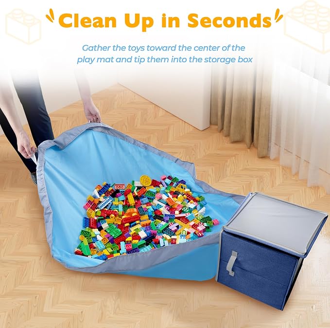 SAM AND MABEL Toy Storage Organizer with Play Mat for Kids – 13" x 13" x 13" Storage Box, Stackable and Foldable Cubby Baskets for Playroom, Nursery Bins for Boys and Girls (Noble Blue)