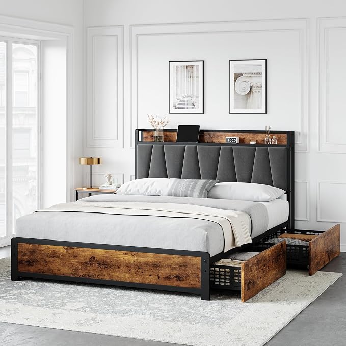 GarveeHome Queen Size Bed Frame with Storage Linen Upholstered Headboard, 4 Drawers Platform Bed Frame with Charging Station, No Box Spring Needed, Easy Assembly, Rustic Brown