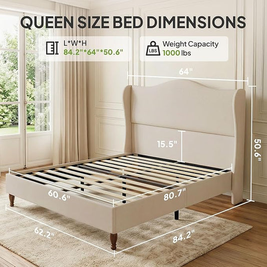 Welzona Queen Size Bed Frame 51" Tall Wingback Headboard, Soft Fabric Upholstered Platform Bed with Solid Wood Legs and Wooden Slats Support, No Box Spring Needed, Easy Assembly, Beige