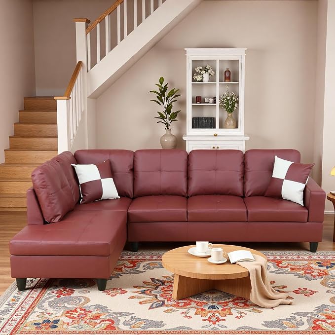 L-Shaped Sectional Sofa, Modern 4-Seat Couch with Left Facing Chaise, Leather Sectional Couch for Living Room, Apartment, Office, Dark Red
