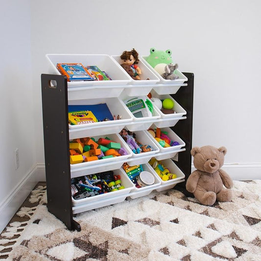 Humble Crew Toy Storage Organizer with 12 Removable Storage Bins for Kids Playroom, 4-Tier Toddler Toy Organization, Espresso/White