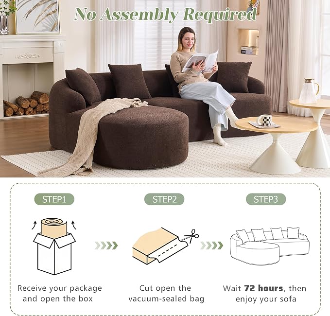 99" Curved Sofa with L-Shape Chaise,Modern Cloud Curved Couch with Deep Seat,No Assembly Required,Upholstered Oversized Couches for Living Room,Apartment (Brown, 99Inch)
