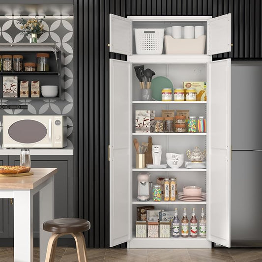 SteeLoong 86“ Kitchen Pantry Cabinet,Metal Storage Cabinets with Doors and 4 Adjustable Shelves,White Kitchen Cabinet with 4 Gold Handles,Tall Cabinet for Livingroom,Pantry, Bathroom