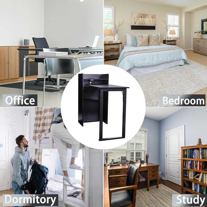 Foldable Desk,Hidden Desk with Storage and Built-in Socket,Mid Century Fold Out Table for Small Spaces,Home Office and Bedroom (Black)
