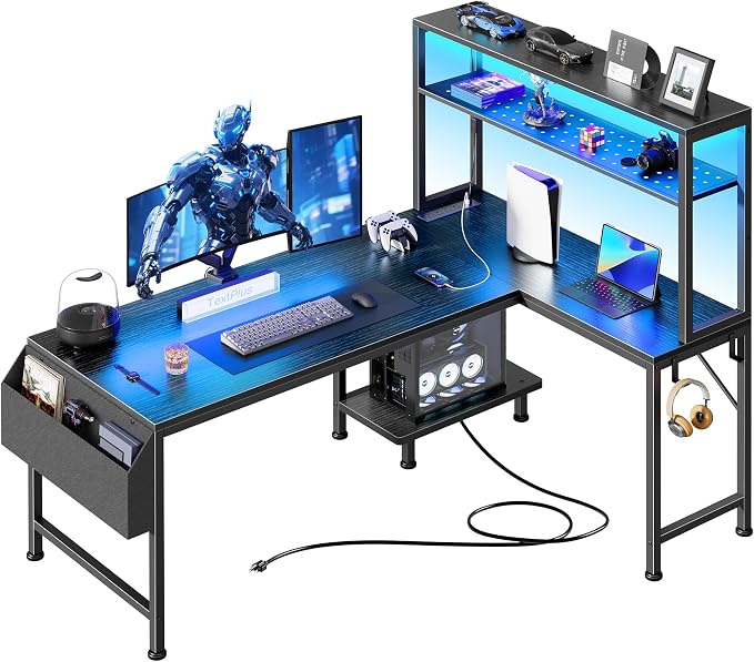 PRAISUN L Shaped Gaming Desk with LED Lights & Power Outlets, Reversible Computer Desk with Storage Shelves & Bag, Large Corner Home Office Desk with Pegboard for Work from Home, Black