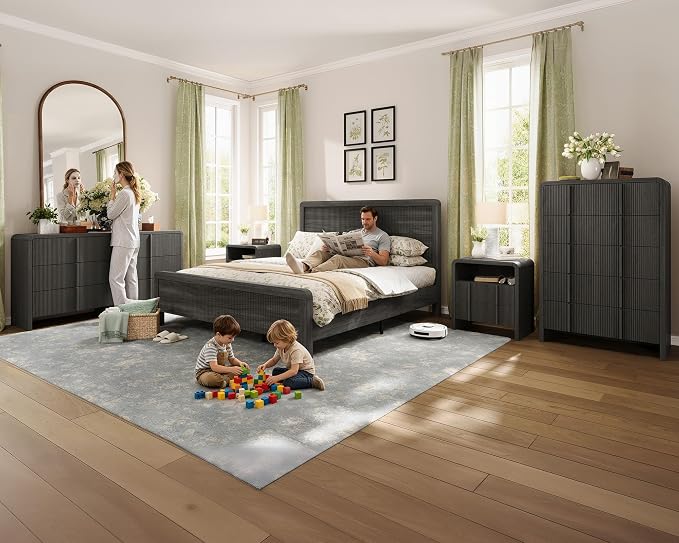 AMERLIFE 3-Piece Modern Fluted Bedroom Furniture Set, Including Wood Queen Size Bed Frame with Headboard & Footboard and Storage Night Stand Set of 2, Wooden Bedframe and Nightstand Sets, Black
