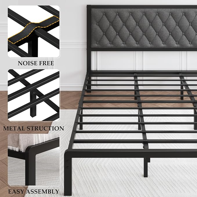HISOFT King Bed Frame with Upholstered Button Tufted Headboard, Bed Frame Platform Metal Slats Support, Under Bed Storage, No Box Spring Needed, Noise-Free, Easy Assembly, Grey