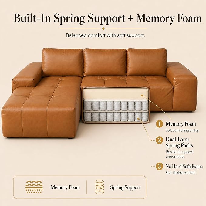 114” Boneless Sectional Couches for Living Room, Brown Cloud Faux Leather Couch in a Box, Modular Sectional Sofas for Living Room, L Shaped Couch with Chaise, Memory Foam Deep Seat, Left Chaise