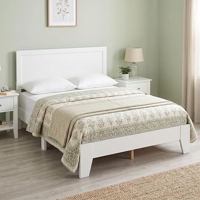KOMFOTT Queen Size Bed Frame, Modern Platform Bed with Headboard, Wooden Slat Support Mattress Foundation, Under-Bed Storage Space, No Box Spring Needed(White,Queen)