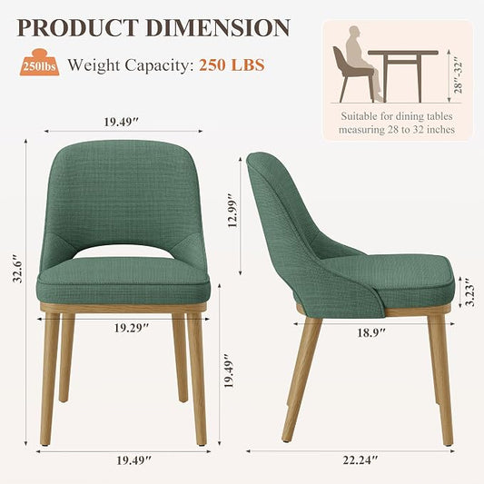 Modern Upholstered Dining Chairs Set of 2, Open Back with Solid Wood Legs, Ergonomic Curved Back Fabric Kitchen Chairs for Dining Room & Kitchen, Living Room Side Chairs, Farmhouse, Green