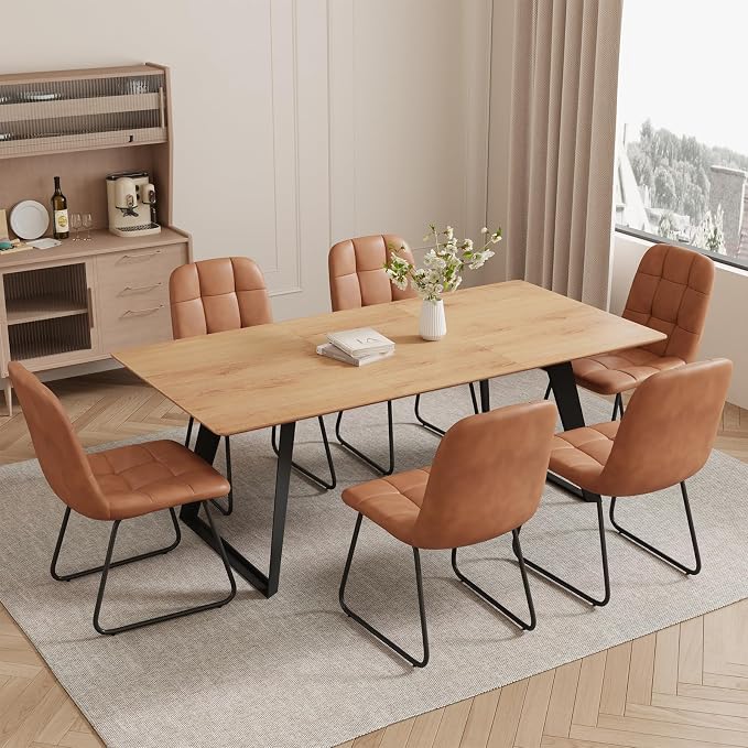 ZckyCine 51‑67 Inch Expandable Dining Set with 6 PU Leather Chairs, Wooden Furniture for Small‑Size Homes