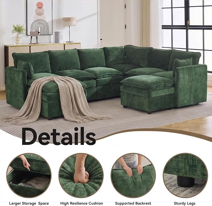 105" Green Modular Storage Sofa, U Shaped Chenille Couch with 2 Ottomans | Oversized Convertible Sectional Sofa, 6-Seat Sectional Couch With 2 Ottomans, Large Cloud Couch For Living Room, Apartment.