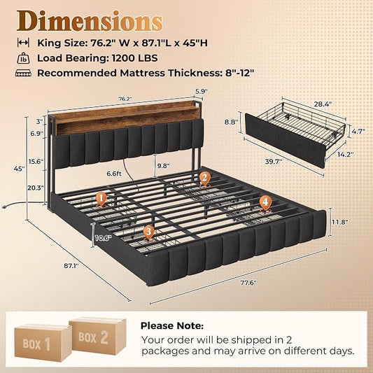 PRAISUN Bed Frame King Size with Upholstered Headboard & Charging Station, King Bed Frame with 4 Storage Drawers, 2-Tier Open Shelves, No Box Spring Needed, Slient Foam Strip, Easy Assembly, Black