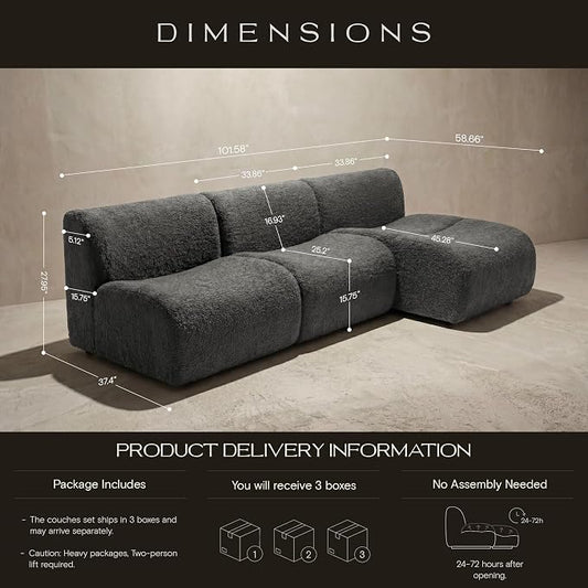 102" Curved Sectional Couch with Chaise Lounge, 3-Seat Reversible L-Shaped Sofa, Deep Seat Sherpa Boneless Modular Couches, Modern Curved Sofas for Living Room – No Assembly, Grey