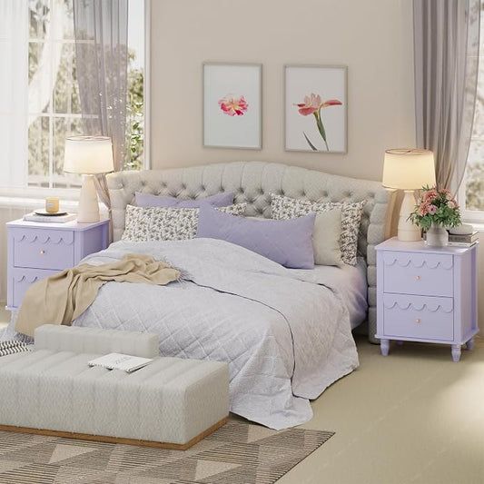 Anbuy Purple End Table Set of 2 with Petal Pattern, Modern Night Stand Set 2 with 3 Drawers for Bedroom, Side End Table Scalloped Bedside Night Tables with Solid Wood Legs