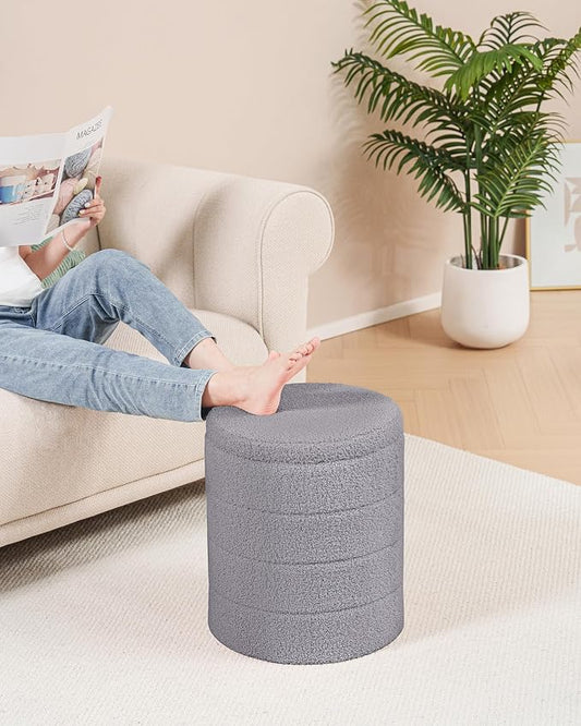 B FSOBEIIALEO Ottoman with Stroage, Round Sherpa Storage Ottoman Stool, Boucle Foot Rest 14.6"x14.6"x17.7"(Grey