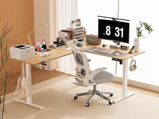 WALKINGDESK 63X55 Inches Reversible L Shaped Standing Desk Height Adjustable with Cup Holder, Electric Corner Computer Desk, Sit Stand up Home Office Desk, Ergonomic Gaming Desk, Oak