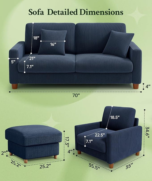 Welzona 70.2" Couches for Living Room, Comfy Sofa Set Tool-Free Setup, Corduroy Couch Set 7.1" Thicker Cushion, Accent Chair with Ottoman 848lbs Support, Sofas for Living Room Home Office, Blue
