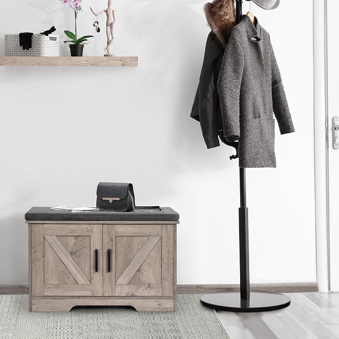 HOMSHO Farmhouse Shoe Storage Bench with 2 Barn Doors & Padded Seat Cushion | 27.6" Wide Entryway Bench with Adjustable Shelves & Hidden Storage, Greige