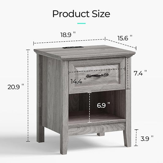 LINSY Night Stand 18.9" Farmhouse Wood Night Stand with Type-C Charging Station Open Storage Shelf Nightstands with Drawer Side Table End Table for Bedroom Living Room Sofa Couch Office Grey