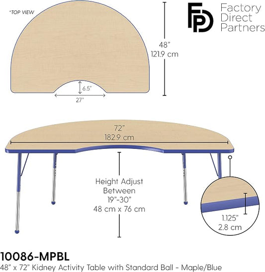 FDP Kidney Activity School and Office Table (48 x 72 inch), Standard Legs with Ball Glides for Collaborative Seating Environments, Adjustable Height 19-30 inches - Maple Top and Blue Edge