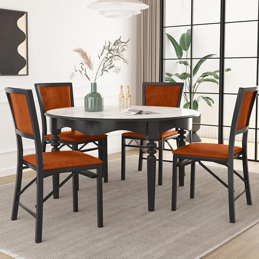 VECELO Folding Dining Chairs Set of 4, Metal Padded Foldable Seating with Comfortable Faux Leather, Space-Saving Portable Guest Seats for Kitchen & Office, No Assembly, Cognac Brown