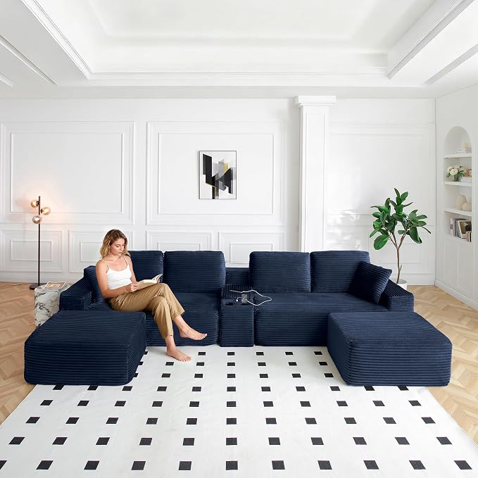 ivoros 150 Inch Modular Sectional Sofa Couch, Oversized Modern Cloud Couch for Living Room, U Shape Couches with 2 Ottomans, USB Ports and Cup Holders, Blue Corduroy Boneless Sofas,Sofa in a Box