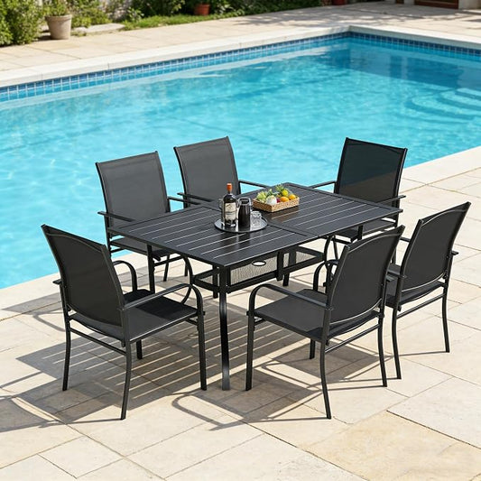 SUNCROWN 7 - Piece Outdoor Dining Set, Patio Furniture Set with 6 x Textilene Dinning Chairs and 1 Steel Slat Metal Bistro Table for Lawn Garden Backyard Deck, Black