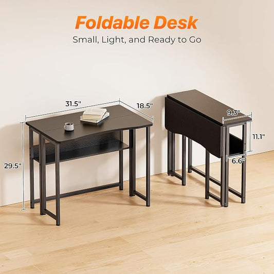Huuger Folding Desk with Storage Shelf, 31.5 Inch Foldable Computer Table for Small Spaces, Space Saving Sofa Table for Couch, Writing Work Office Computer Desk, Easy to Fold, Black