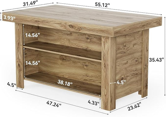 LITTLE TREE 55 Inches Kitchen Island with Storage, 3-Tier Farmhouse Wooden Stationary Island Table with Large Worktop & Leg Room, Modern Coffee Bar Table with Storage Shelf for Kitchen, Oak