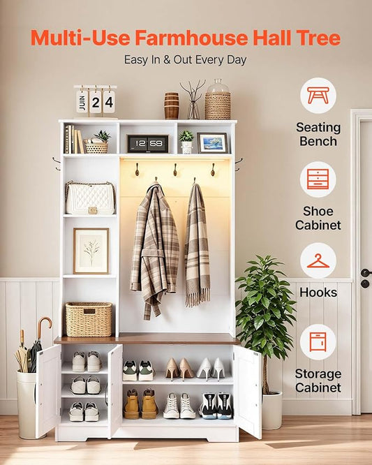 VEVOR Hall Tree with Bench and Shoe Storage, 39" Wide, Entryway Hall Tree with Bench, Hanging Hooks, Storage Shelves, Adjustable Shoe Shelves, LED Light, Wooden, for Mudroom, Entryway, Hallway, White