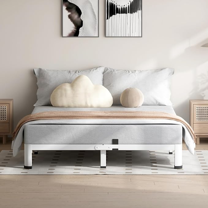 VIPSHOW 4 Inch White Queen Bed Frame, 3500Lbs Heavy Duty Metal Platform with Round Corner Legs Mattress Slide Stopper, Steel Slat Support No Box Spring Needed, Noise Free, Non-Slip, Easy Assembly
