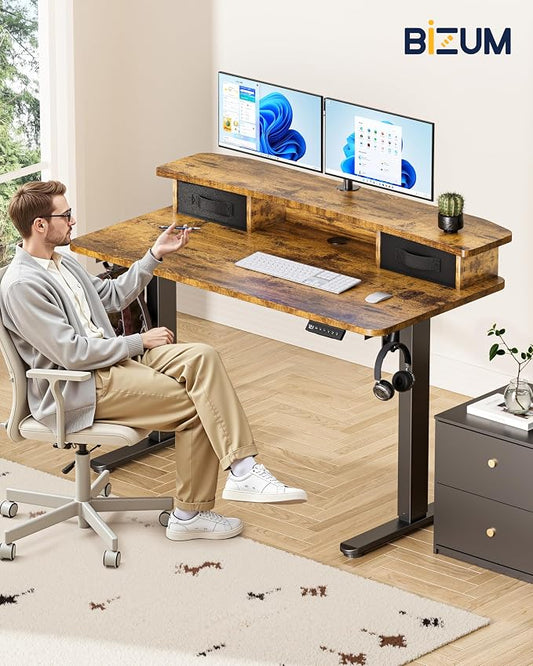 BIZUM Standing Desk with 2 Drawers Computer Desk-Stand up Desk Home Office Gaming Memory Desks C-Clamp Mount Compatible, 48x24 Inch Rustic Brown