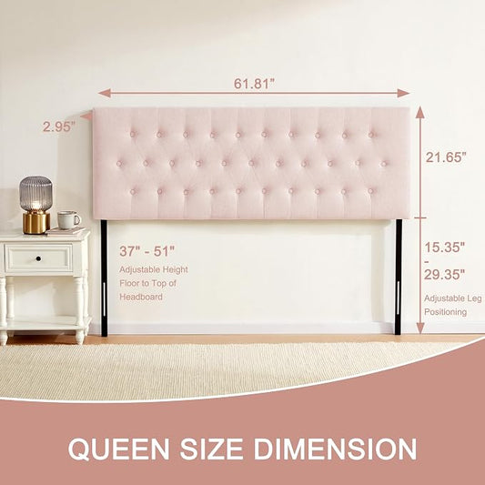 Tufted Upholstered Headboard Queen Size, Adjustable Height 37- 51 in, Pink | Sturdy and Durable Solid Wood Bed Headboard, Fabric Queen Headboard Only, Modern Button Diamond Design Head Board
