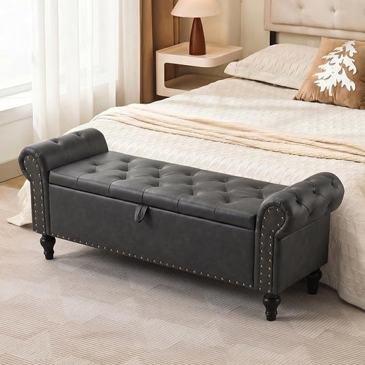 51" Storage Bench for Bedroom, Upholstered Ottoman Bench, Leather DarkGray | End of Bed Bench for Bedroom, Window Benches for Living Room, Entryway, Ottoman with Large Storage Space, Pet Friendly