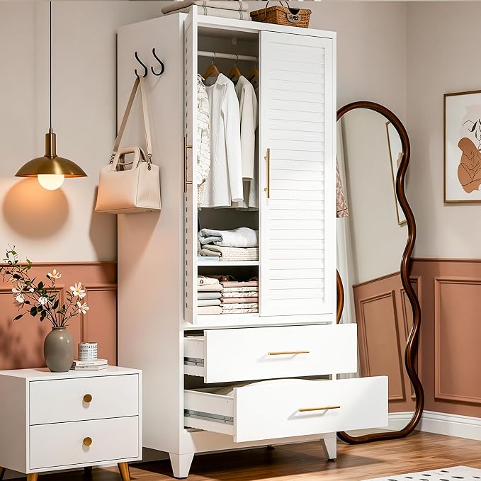 Metal Armoire Wardrobe Closet, 71" Clothing Storage Cabinets with Adjustable Hanging Rod and Shelves , Louvered Doors, 2 Side Hooks & 2 Drawers - Closet Cabinet for Bedroom, Laundry Room, Cloak Room