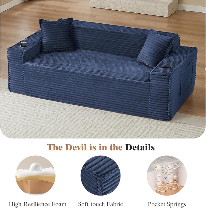 3 Pcs Living Room Cloud Sofa Set, Boneless Sofa Couch with Cup Holder and Side Pocket for Compact Living Rooms, Apartments (Blue, Single Chair and Loveseatand 3 Seat Sofa)